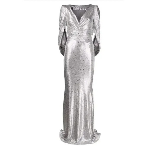 $1925 Talbot Runhof Rosin Gown Metallic Gray Wrap Front Back Zipper Dres… - Picture 5 of 13